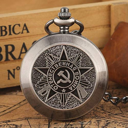 ZMKW Reloj de Bolsillo de Cuarzo de Bronce Vintage Rusia Collar de Martillo de Hoz soviético URSS Unión Soviética De Bolso Reloj Militar, Cadena de 80 cm
