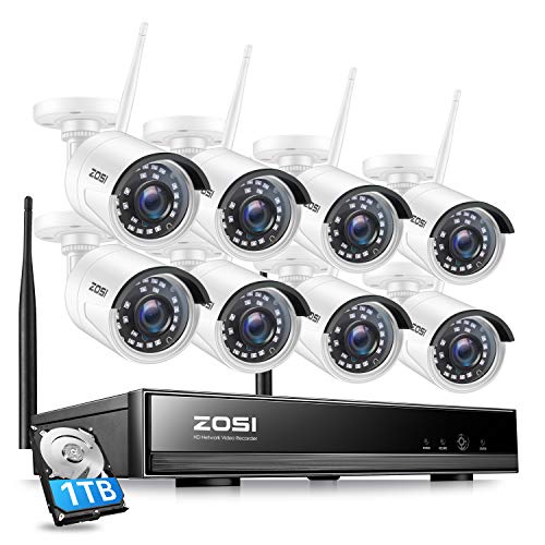 ZOSI 1080P Kit de Cámaras Seguridad WiFi (8CH H.265+ Grabador NVR Inalámbrico + 8 Cámara de Vigilancia Exterior + 1TB Disco Duro), 30M Visión Nocturna, Detección de Movimiento, P2P