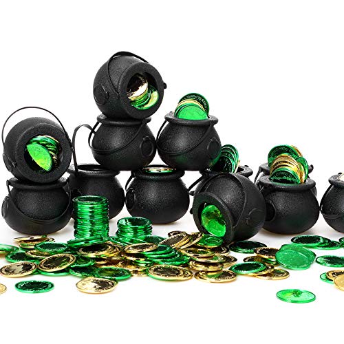 12 Mini Calderos de Plástico de Dulces Novedosos Caldero de Bruja Negra con Mango y 360 Monedas Plásticas de Duende de Suerte Moneda de Trébol Oro Verde para Regalos de Día de San Patricio