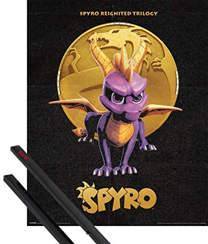 1art1 Spyro Póster Mini (50x40 cm) Dragón Dorado Y 1 Lote De 2 Varillas Negras