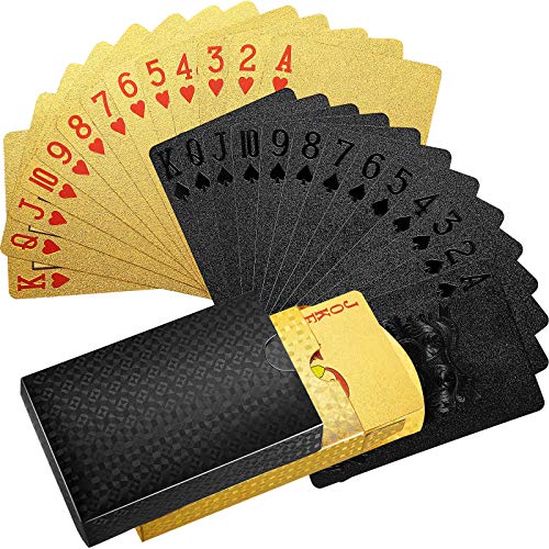 2 Barajas Cartas de Juego Cartas de Poker Impermeables Tarjeta de Poker Pet de Plástico Herramientas de Juego de Póquer Novedad para Fiesta de Juego de Familia (Negro Sólido, Dorado)