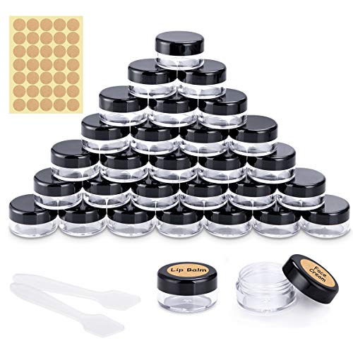 30 Piezas Tarros de Plástico, Contenedores Cosmético de Viaje Envases de Vacío Transparente con Mini espátulas y Etiquetas Adhesivas para Cosmética Crema Muestra, Polvo, Decoración Uñas, 5g 5ml Negro