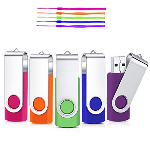 32GB Unidad Flash USB, Cardfuss 5Pack USB2.0 Memory Stick Swivel Thumb Drives USB Stick Jump Drive Pen Drive Almacenamiento de Datos con indicador LED (Multicolor con Cuerdas de Seguridad)