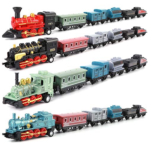 4 Piezas de Trenes Modelo de Juguete Locomotora de aleación clásica Tren de Vapor Conjunto de Modelos de tracción Trasera simulación Modelo de Coche Retro Regalo para niños y niñas(Azul)