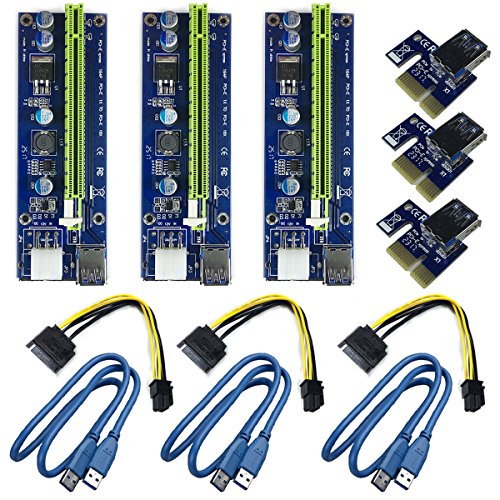 6 Pin PCI-E 1x a 16x Tarjeta de Adaptador de Riser Amplificada Mejorada & Cable de Extensión del USB 3,0 & 6pin al Cable de Transmisión de SATA, GPU Graphic Card Express Mining Eth (3 pcs)