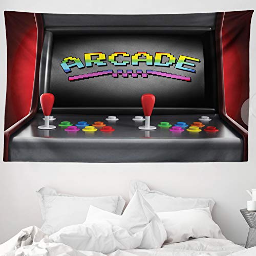 ABAKUHAUS Videojuegos Tapiz de Pared y Cubrecama Suave, Consola Arcade Videojuego Retro Diversión Joystick Botones Vintage 80's 90's, Resistente a la Suciedad, 230 x 140 cm, Multicolor