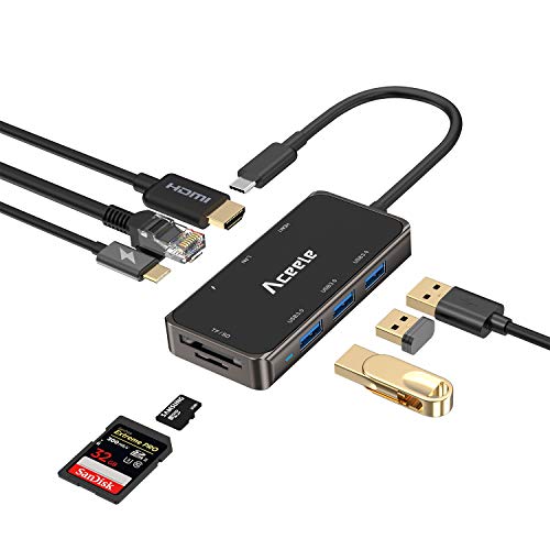 Aceele Hub USB C, 8 en 1 Adaptador Tipo C con 4K HDMI, Puerto Gigabit Ethernet, 100W Power Delivery Carga, 3 Puertos USB 3.0 y Lector de Tarjetas SD/TF para MacBook, Huawei, Google Chromebook Pixel