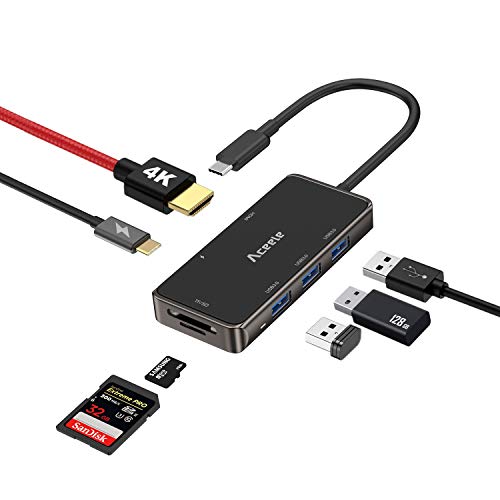 Aceele Hub USB C de 7 en 1, Adaptador USB tipo C con HDMI 4K, Carga de USB C, 3 Puertos USB 3.0 y Lector de tarjetas SD & TF, para MacBook Pro 2020, iPad Pro 2020, DELL XPS 15, Google Chromebook Pixel