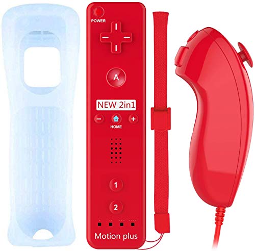 Acexy Wii Wireless Remote Motion Controller y Nunchuk - Reemplazo del Controlador de Juego Remoto con Funda de Silicona y Pulsera, Compatible con Nintendo Wii y Wii U (Red)