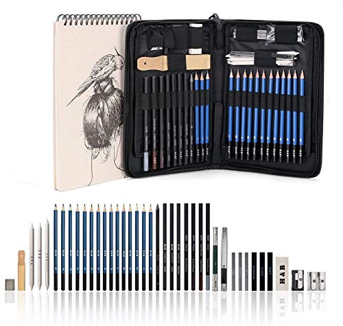 AGPtek 41pzas Set de Dibujo para Hacer Bocetos, Estuche de Lápices Gráfito con Cuaderno de Bocetos(60 Hojas), Incluye Tizas Borradores etc, Perfecto para Viaje, Excelente para Principantes