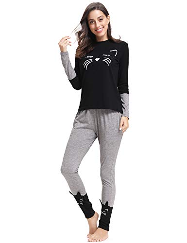 Aibrou Pijamas Mujer Algodón Invierno 2 Piezas,Ropa de Casa Dormir Casual Camiseta y Pantalones Largo Conjuntos Suave y Comodo S-XXL