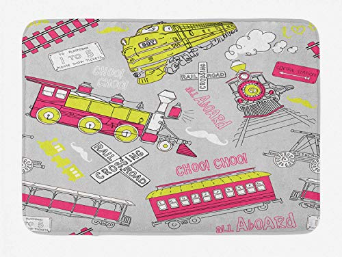 Alfombrilla de baño de tren, ilustraciones de composición de estación de tren en colores enérgicos, alfombra de felpa decorativa para baño con respaldo antideslizante, amarillo verde rosa fuerte