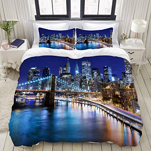 ALLMILL Bedding Juego de Funda de Edredón,Downtown New York Skyline Business District Capital financiera del Mundo，Microfibra Funda de Nórdico y Fundas de Almohada - 220 x 240cm