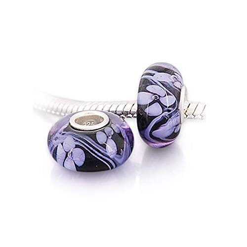 Andante-Stones - original, cuenta de plata de ley 925 sólida, vidrio Murano, negro con flores de color lila-púrpura, elemento bola para cuentas European Beads + saco de organza