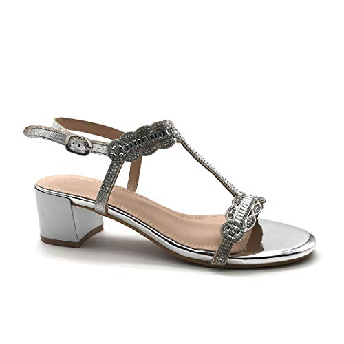 Angkorly - Zapatillas Moda Sandalias Tacón escarpín Correa-T Tacones pequeños La Noche Mujer Estrás metálico Tacón Ancho Alto 5 CM - Plata 3 FN502 T 38 Angkorly - Zapatillas Moda Sandalias Tacón escarpín Correa-T Tacones pequeños La Noche Mujer Estrás metálico Tacón Ancho Alto 5 CM - Plata 3 FN502 T 38