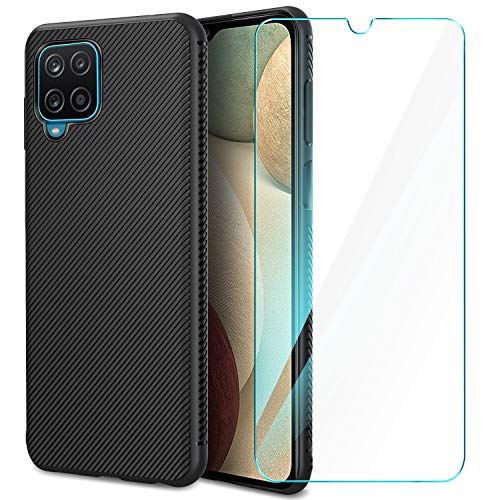 AROYI Funda Compatible con Samsung Galaxy A12/M12 y Protector Pantalla Cristal Templado, Silicona Slim Suave TPU Bumper Case Anti-arañazos Antigolpes Cover - Negro