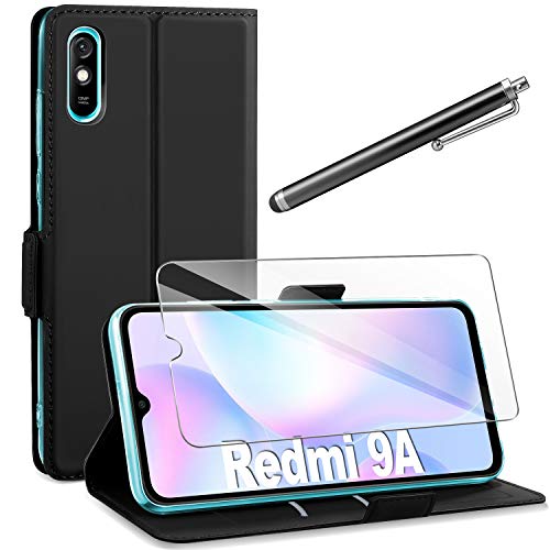 AROYI - Funda para Xiaomi Redmi 9A con película de cristal HD y lápiz de pantalla táctil, funda de piel sintética con tapa, soporte y ranura para tarjetas, color negro