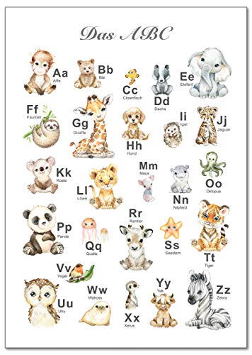 artpin® Póster ABC para habitación infantil, alfabeto de animales, póster de aprendizaje, primera clase DIN A3, decoración de Navidad, imágenes de safari, niña, niño, bebé, animales, bosque selva P69