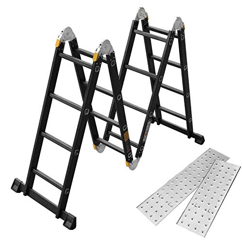 Asina Escalera Multiusos 4.7M Plegable Andamio Doméstica de Aluminio Cargable Hasta 150KG Articulada Multifunción Escalera 4x4 Peldaños con 2 Placas y Ruedas(Negro)