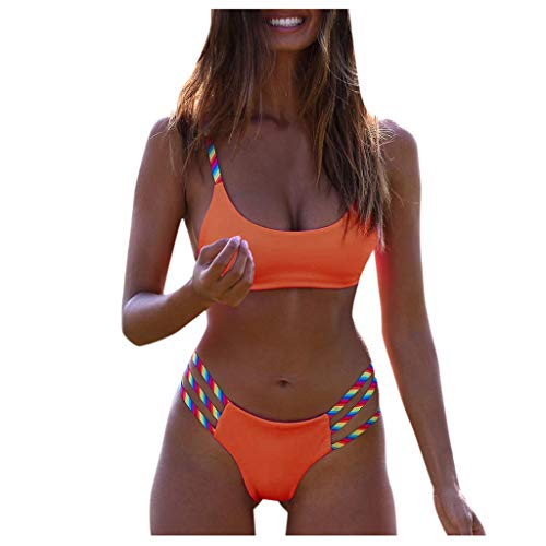 Auifor Conjunto de Bikini de Vendaje Bandeau de Color Arcoiris para Mujer Traje de baño brasileño Push-up（Naranja/Large）