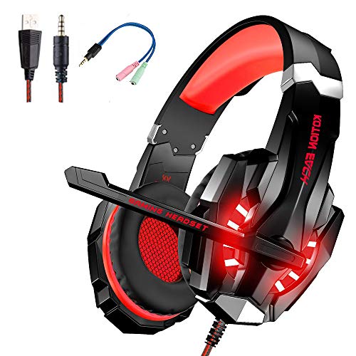 Auriculares de gamer con micrófono ajustable, auriculares con cable con LED, auriculares Gaming con micrófono para PC/PS4/Mac/Mobile rojo, optimizados para el juego