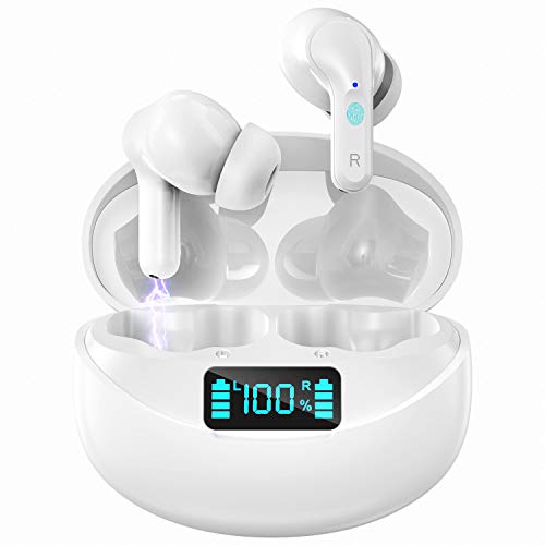 Auriculares Inalambricos Bluetooth, 8 Horas de reproducción, Auriculares Bluetooth 5.0 con TWS Estéreo Micrófono, Cascos In Ear con USB-C Carga Rápida, Control Tactil, IP7 Impermeable, Deporte Blanco