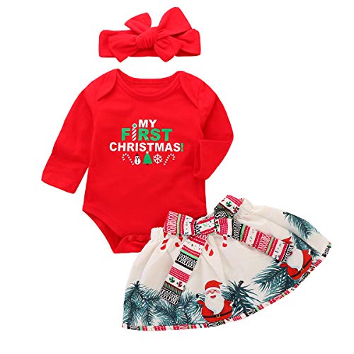Baby Girls My First Christmas Outfit Vestido de Falda de tutú de Mameluco de Manga Larga Conjunto de Diadema (18-24 Meses, Red 1)