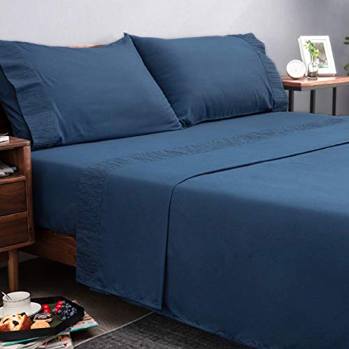 Bedsure Juego de Sábanas 150x200/190 cm - 4 Piezas - Sábana Bajera Ajustable Cama 150 con Encimera 240x275cm 2 Fundas de Almohada 50x80 cm - Azul Marino