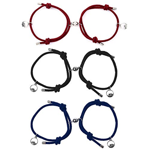 BEIFON 6Pcs Pulseras Magnéticas Parejas Pulseras de Pareja para Atraer Hebilla Magnética Pulsera de Cuerda Trenzada Ajustable Pulsera de la Amistad a Juego Pulsera para Parejas (Negro/Azul/Rojo)