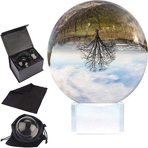 BELLE VOUS Bola de Cristal K9 80mm - Bola Cristal Fotografia 8cm Base de Cristal, Bolso Terciopelo, Paño Microfibra y Caja de Regalo - Esfera Lente Transparente Decoración Oficina, Meditar, Curación