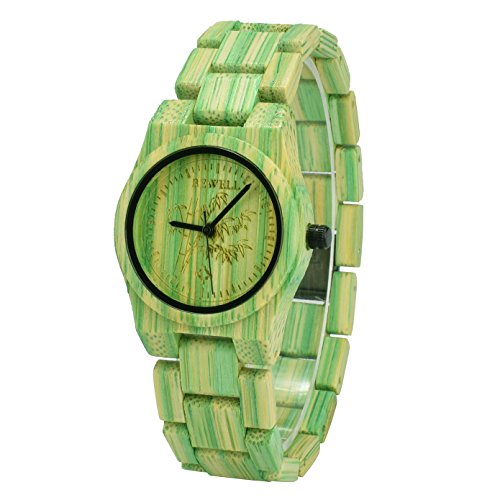 Bewell Reloj de madera de las mujeres hechas a mano Reloj analógico de cuarzo de peso ligero de bambú 105DL (Verde)