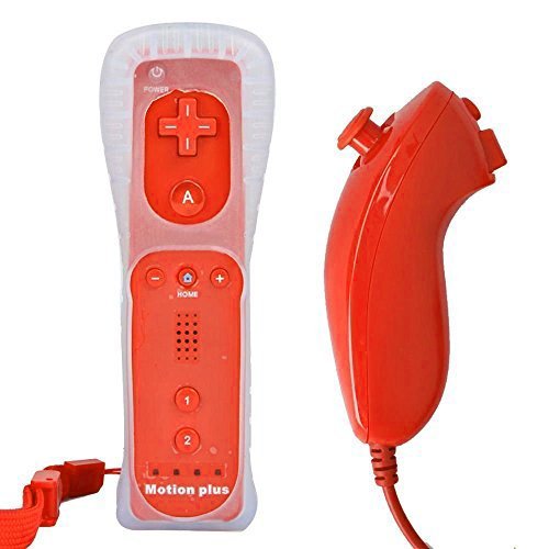 BIGFOX 2 en 1 Mando Plus con Motion Plus y Nunchunk para Nintendo Wii / Wii U (Opcional a Seis Colores) y Funda de Silicona - Rojo