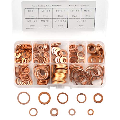 BIGP 200 arandelas de cobre, 9 tamaños, arandelas planas de cobre, arandelas planas, kit de anillo de sellado plano (M5 M6 M8 M10 M12 M14)