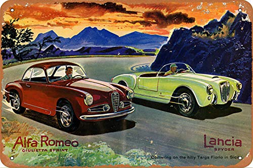 Bilingo Plaque Murale en métal Vintage Alfa Romeo et Lancia Spyder Comering on The Hilly Targa Florio 30,5 x 20,3 cm