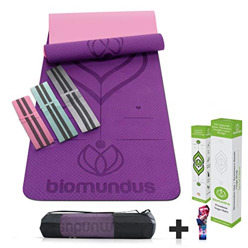 biomundus Esterilla Yoga Mat Antideslizante. Esterilla Deporte en casa Material TPE con Línea de Posición, 3 Bandas Elásticas, Correa y Bolsa 183x61x06 cm Esterilla Fitness Púrpura, Verde y Azul