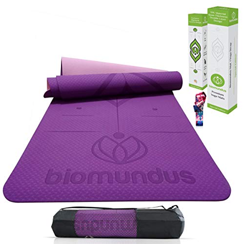 biomundus Esterilla Yoga Mat Antideslizante. Esterilla Deporte en casa TPE con Línea de Posición, 3 Bandas Elásticas (Opcional), Correa y Bolsa 183x61x06 cm Esterilla Fitness Púrpura, Verde y Azul