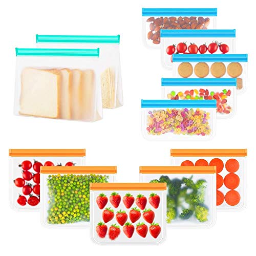 Bolsas Reutilizables para Almacenamiento de Alimentos 12 Piezas, Bolsas de Silicona Reutilizables de 3 Tamaños para Bocadillo, Sándwiches, Fruta, Verduras, Súper Grueso Sello Bolsas Congelar Sin BPA