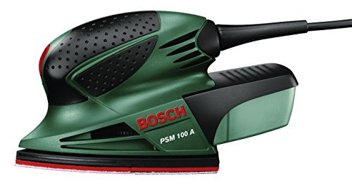 Bosch PSM 100 A - Multilijadora, 3 hojas de lija K 80/ K 120/ K 160, maletín (100 W, nº de carreras en vacío: 26.000 opm, Ø circuito oscilante: 1,4 mm)