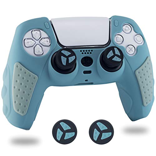 BRHE Funda de silicona antideslizante para mando de PS5, juego de accesorios para Playstation 5 Gamepad Joystick con 2 tapones de agarre para pulgar (gris y azul)