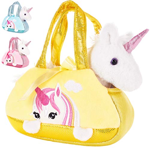 BRUBAKER Unicornio de Felpa Blanco en el Bolso - 20 cm - Peluche en un maletín de Transporte - Amarillo