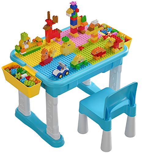 burgkidz Juego de Mesa y Silla de Actividades Múltiples Infantiles, 135 Piezas de Grandes Bloques de Construcción Mesa para Niños de 3 Años en Adelante, Azul