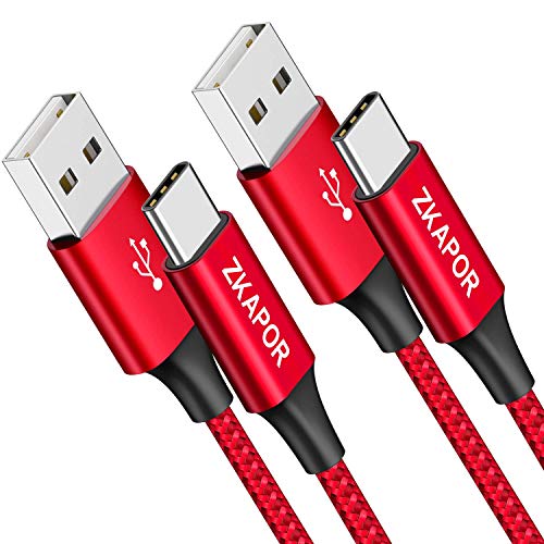 Cable USB Tipo C, ZKAPOR [2Pack 2M] Cargador Tipo C Carga Rápida y Sincronización Cable USB C para Galaxy S10/S9/S8 Plus Note9, Xiaomi Mi A2/A1, Huawei P30/P20/Mate20, Xperia XZ, LG G7 Rojo