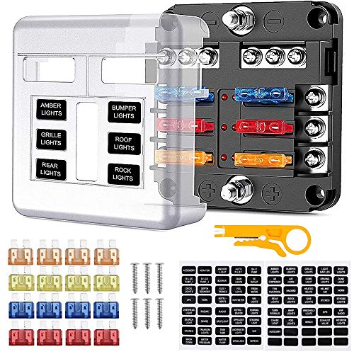 Caja de Fusibles 6 Vías Portafusibles, Caja Fusibles Coche con Lámpara de Alerta LED Kit Bloque de Fusibles Plano ATC/ATO con Bus Negativo para Barco, Marino, Triciclo, Furgoneta, SUV