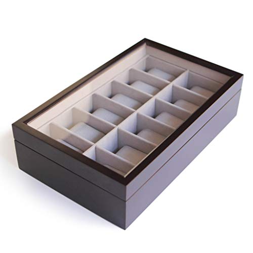 Caja Organizadora de Relojes de Madera Maciza Color Café Oscuro con Tope de Vidrio Exhibidor Hecho por CASE ELEGANCE - 12 Compartimientos