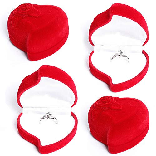 Caja para Joyas, NALCY Caja para anillos, 4 Piezas Caja de Regalo Joyas Pantalla Caja de Almacenamiento Caja de Regalo con Forma de Corazón (Rojo)
