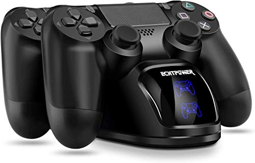 Cargador PS4 ECHTPower DualShock 4 Estación de Carga Soporte de Energía para Sony Playstation PS4 / Slim/Pro Controlador Inalámbrico con Cable de Carga y Elegantes LED (Azul&Naranja LED)