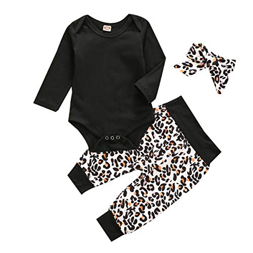 Carolilly - Conjunto de ropa de bebé para otoño e invierno (3 piezas), diseño de leopardo y diadema Negro 18-24 meses