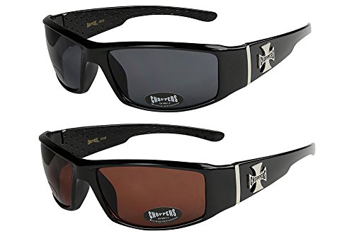 Choppers - Pack de 2 gafas de sol motorista motero unisex hombre mujer moto bici - 1x Modelo 01 (negro brillante / negro tintado) y 1x Modelo 09 (negro brillante / marrón tintado) - Modelo 01 + 09 -