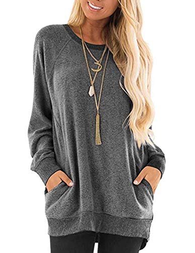 CMTOP - Sudadera de manga larga para mujer, con bolsillo lateral, jersey de manga larga, costura, color otoño, invierno, informal, cálido, deporte, blusa suelta, suéter gris XL CMTOP - Sudadera de manga larga para mujer, con bolsillo lateral, jersey de manga larga, costura, color otoño, invierno, informal, cálido, deporte, blusa suelta, suéter gris XL