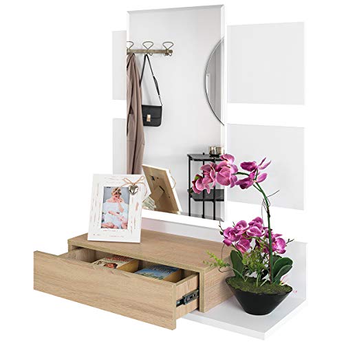 COMIFORT Recibidor Colgante - Mueble de Entrada con Cajón, Espejo y Estante de Estilo Nórdico y Moderno, Muy Resistente y Estable, de Color Blanco y Roble